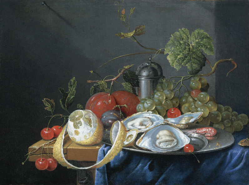 Guilliam van Deynum, Stilleven met fruit en oesters op een tinnen schaal